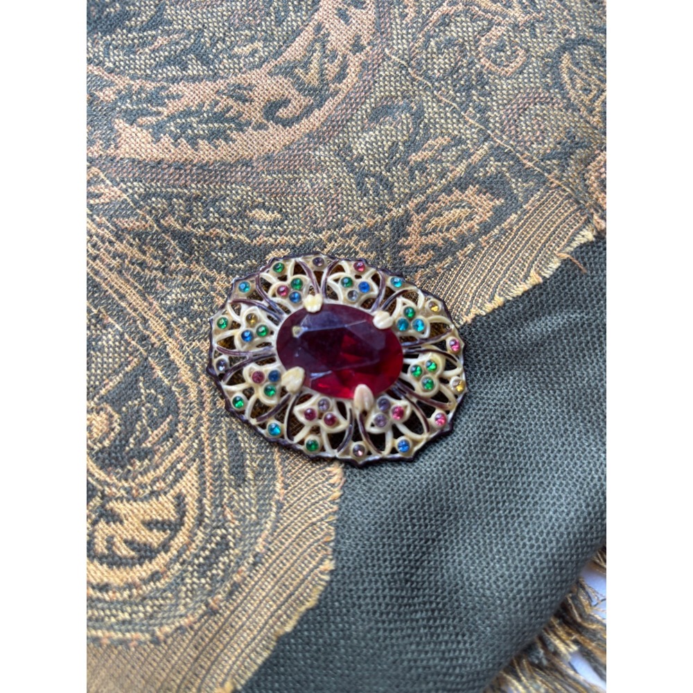 Vintage Celluloid Red Rhinestone Oval Brooch Pin Multi Color Floral Filigree 2"